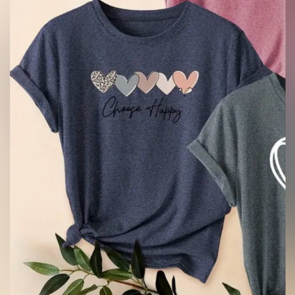 NEW Print / Graphic T-Shirt, Medium, Blue, hearts, “Choose Happy”, soft